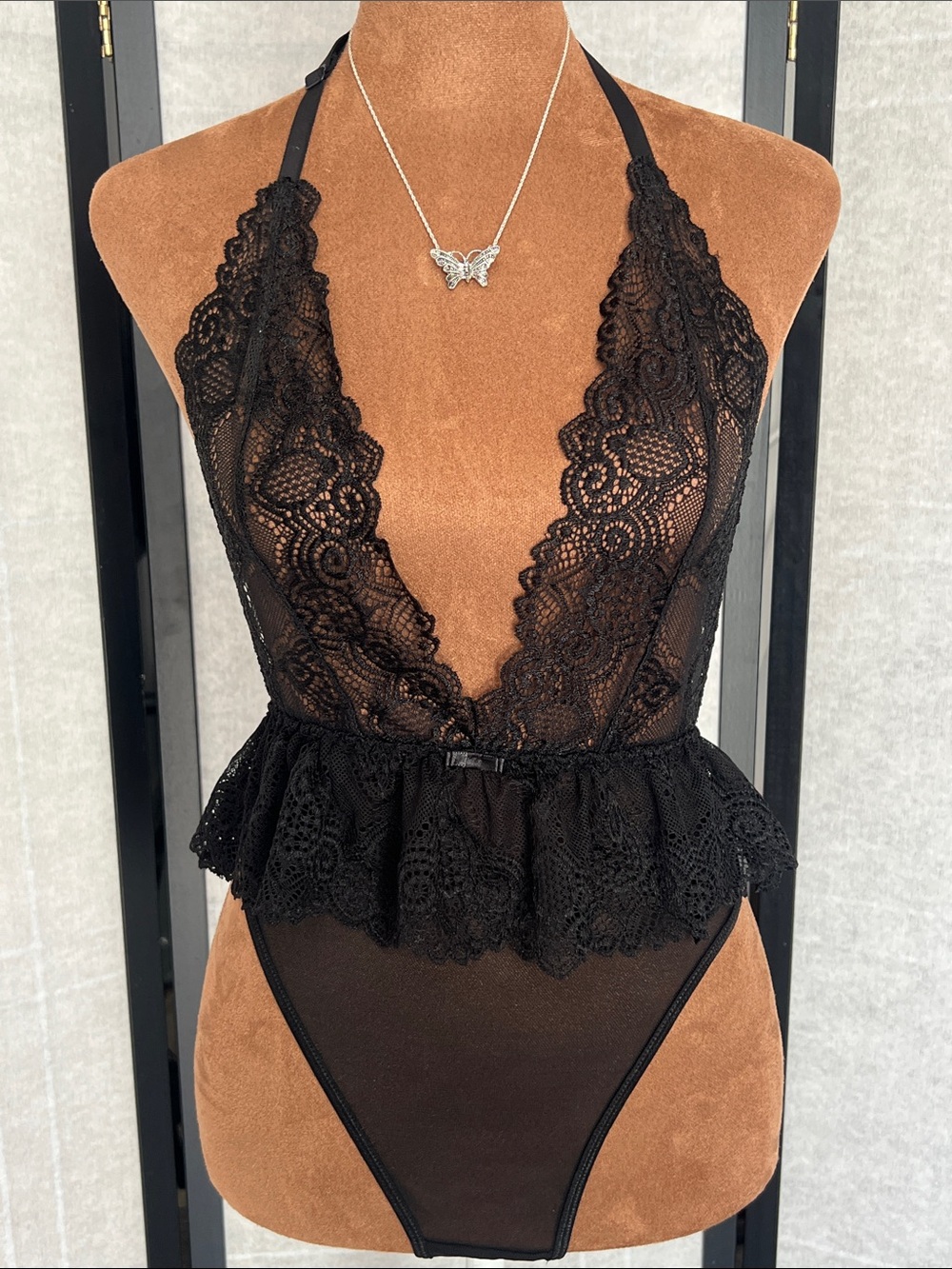 Shirley of Hollywood Lace Plunge Halter Teddy Bodysuit - Black